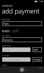 Añadir pago, Settle Up, Windows Phone, Nokia Añadir pago, Settle Up, Windows Phone, Nokia